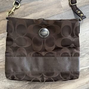 Coach Brown Signature Fabric Crossbody Bag – Adjustable Strap, Logo Patch F18038